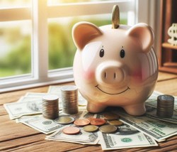 piggy bank on top of money